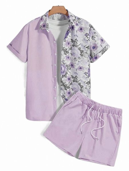 

men random floral print shirt & drawstring waist shorts without tee d0bw#, Gray