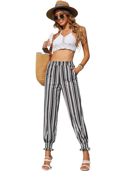 

vertical striped shirred flounce hem pants v3uf#, Black;white