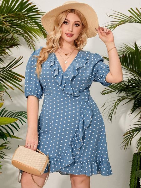 

plus polka dot ruffle trim dress g98i#, Black