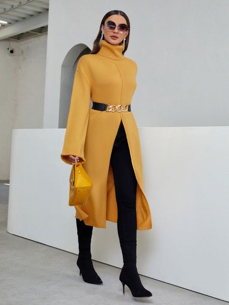 

turtleneck split front drop shoulder longline sweater without belt i0k8#, White;black