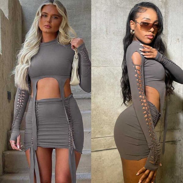 

desinger casual dresses women two piece outfits fashion dress hole long sleeve slim fit short skirt set, Black;gray