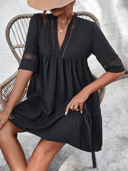 

guipure lace insert ruffle hem smock dress e8g5#, Black;gray