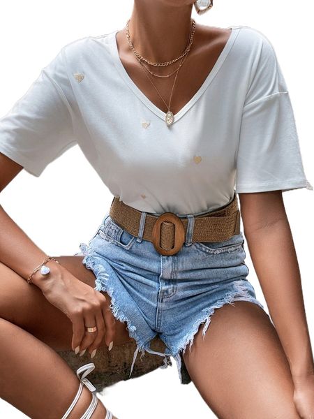 

heart embroidery drop shoulder tee w00k#, White