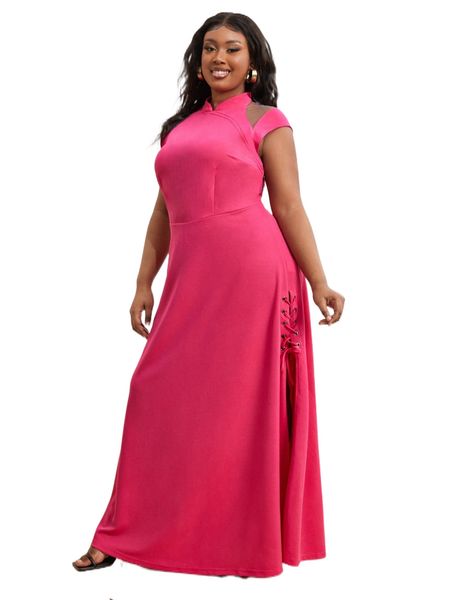 

x fotini plus dobby mesh insert grommet lace up side split thigh dress y2kd#, Black
