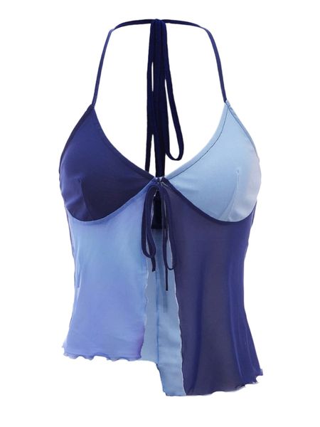 

asymmetrical hem tie front colorblock halter q7u7#, White