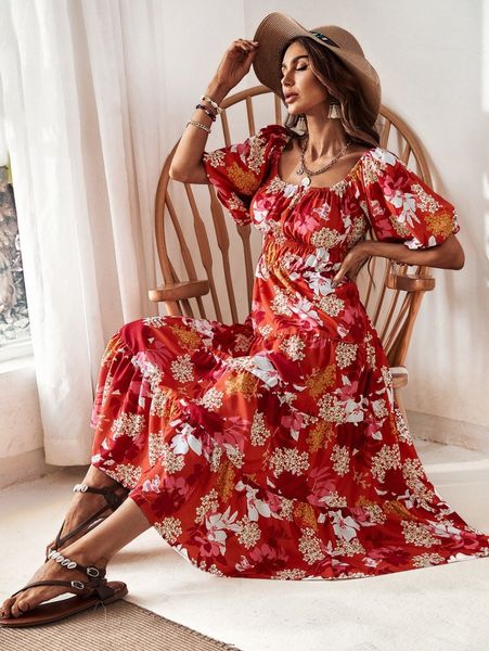 

random floral print puff sleeve ruffle hem dress n3ig#, Black;gray