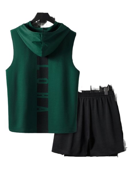 

men letter graphic colorblock drawstring hooded tank & shorts u0fx#, Gray