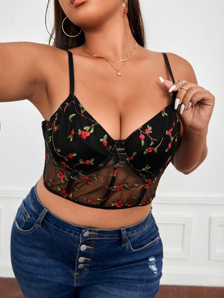 

plus floral embroidery mesh insert bustier crop cami h1mt#, Black