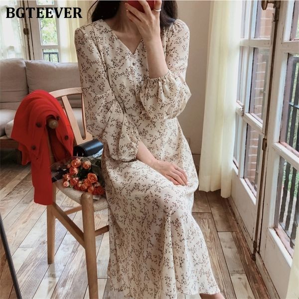 

bgteever vintage vneck buttons laceup female chiffon dress full sleeve midi dress elegant casual floral print women dress t200416, Black;gray