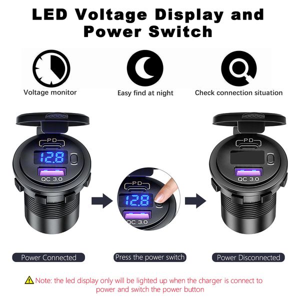 

waterproof car quick charger qc3.0 usb 18w 12v/24v suv led display fast charger type c pd outlet usb slot power outlet plug