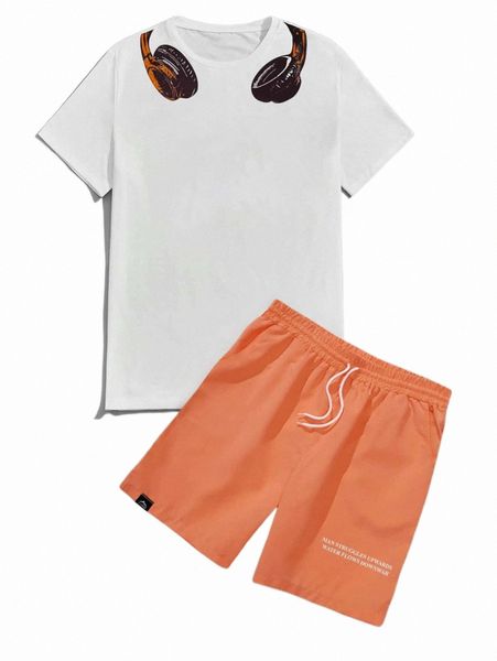 

men headphone print tee & slogan graphic drawstring waist shorts z8du#, Gray