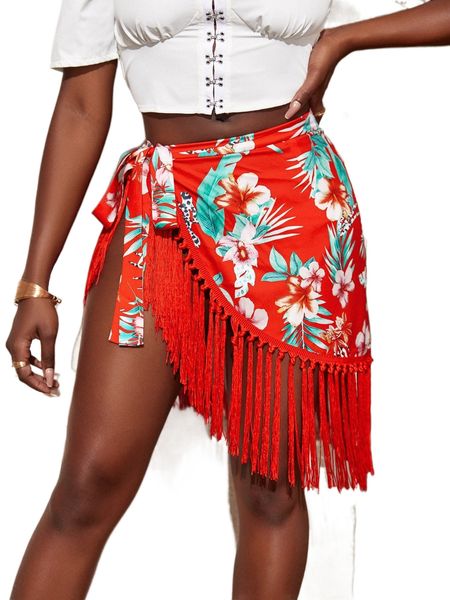 

sxy floral print fringe hem knot side skirt 13mq#, Black