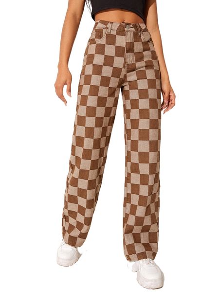 

checker print straight leg jeans 494r#, Blue