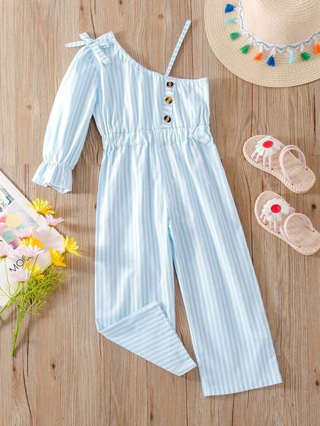 

toddler girls striped asymmetrical neck button detail jumpsuit she, Blue