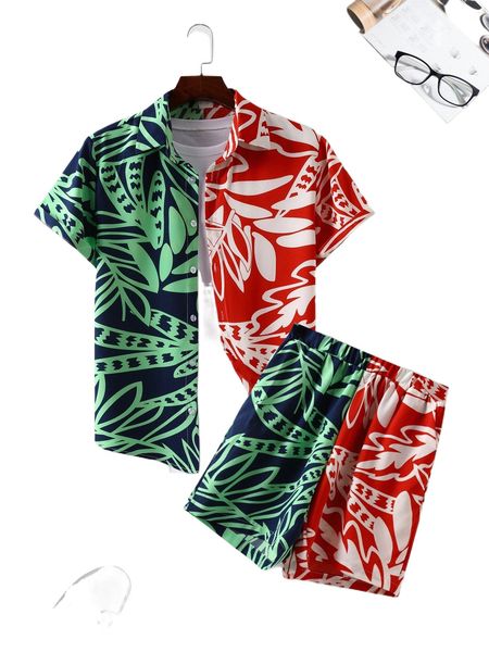

men two tone plants print shirt & shorts without tee h5eq#, Gray