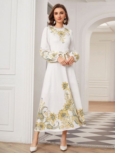 

floral balloon sleeve belted dress n8dt#, Black;gray