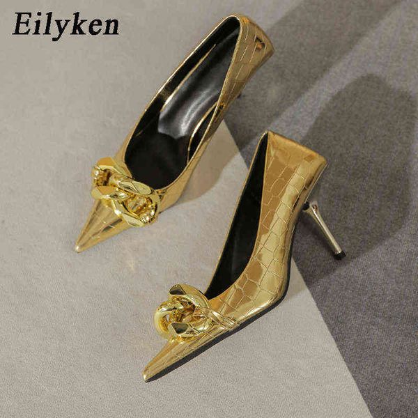 

sandals eiyken 2023 new chain gold silver high heels women pumps pointed toe slip on highheeled ladies stripper shoes 220232, Black