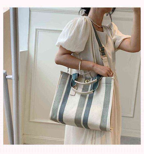 

fashion striped canvas women shoulder bag big capacity shopper bags for women casual wide strap handbag women's bag commute tote