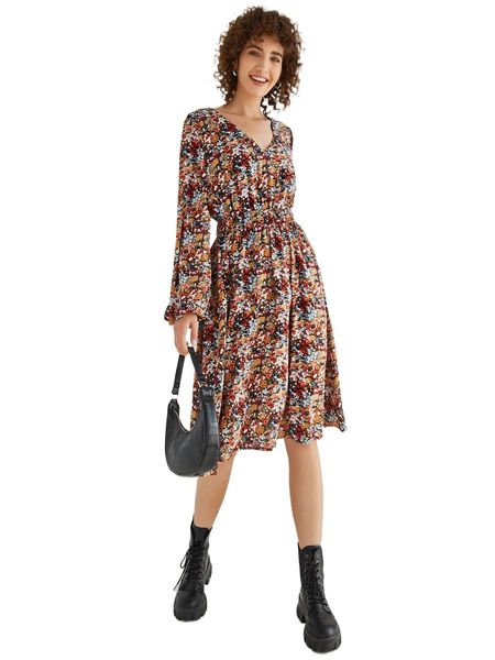 

bishop sleeve ditsy floral dress g49r#, Black;gray