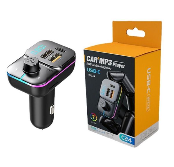 C24 Novo kit de carro USB duplo Fast Charger FM Transmissor Bluetooth Adaptador sem fio HandsFree Mp3 player Luzes coloridas FM modulador