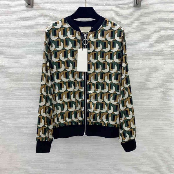

women's jackets early autumn 100% silk air conditioning shirt semicircle color contrast pattern printed stand collar thin long sleeve c, Black;brown