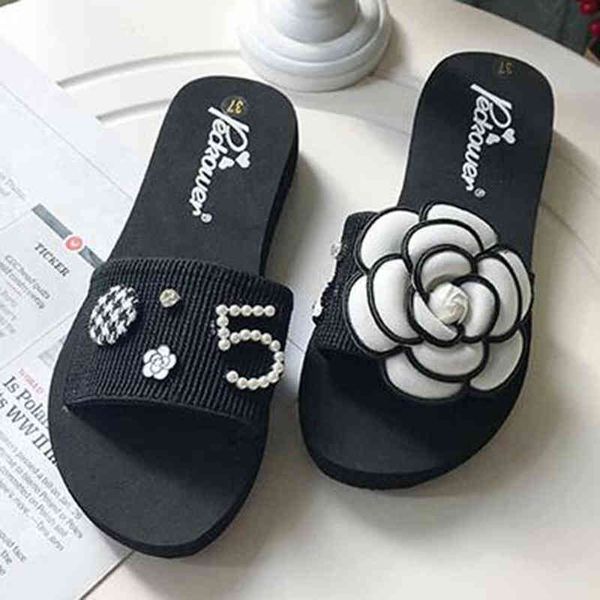 

women summer sandals slipper indoor outdoor flip-flops beach shoes new light luxury fashion female casual flower slippers qq684 y220621, Black