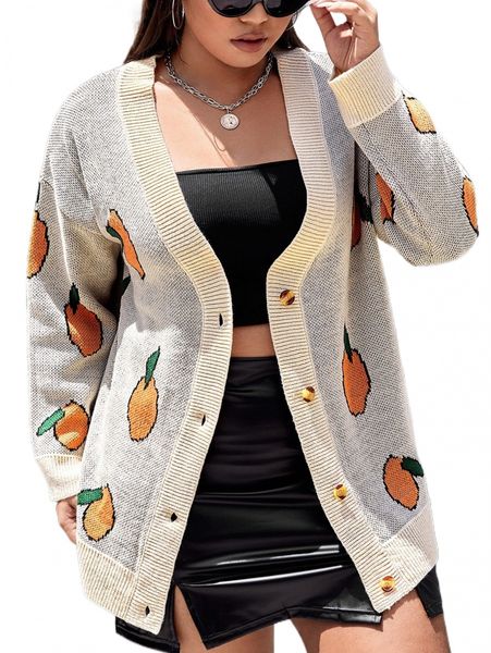 

plus fruit pattern drop shoulder cardigan d6gm#, Black