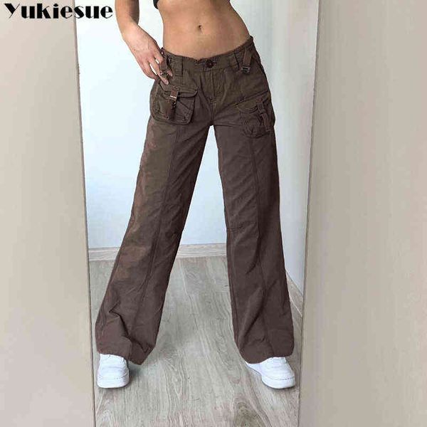 

jeans vrouw bruin kaki zakken wijde pijpen rechte jeans vrouwen solid casual oversized baggy denim broek moeder street cargo broek l220726, Blue