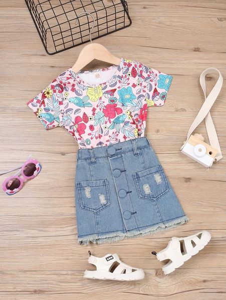 

toddler girls floral print tee with raw hem button up denim skirt she, White