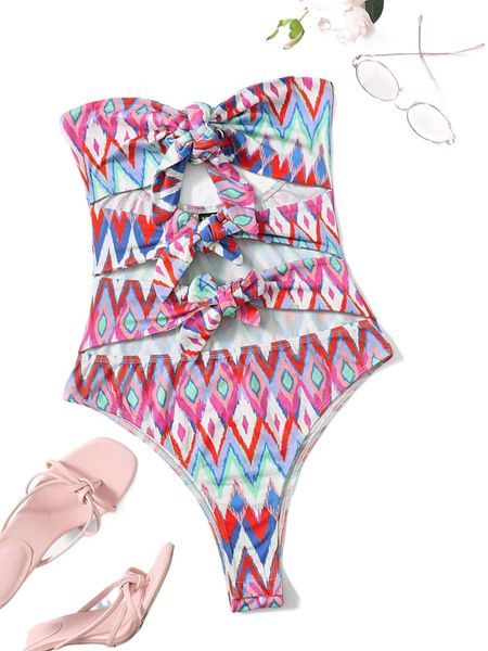 

allover geo print knot front cut out tube bodysuit m2lu#, White