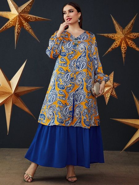 

plus paisley print lantern sleeve maxi dress i9k6#, Black