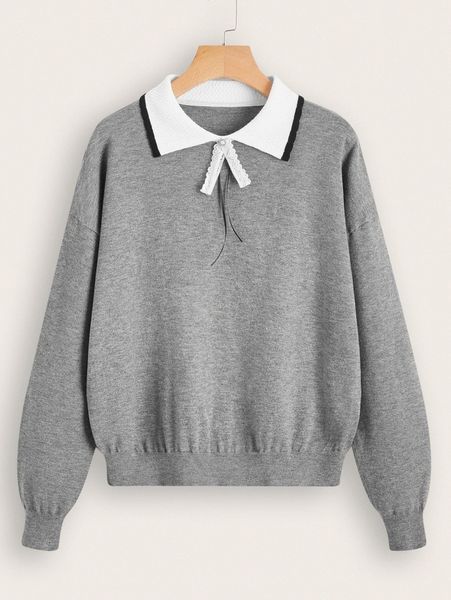 

contrast collar bow front sweater r7cf#, White;black