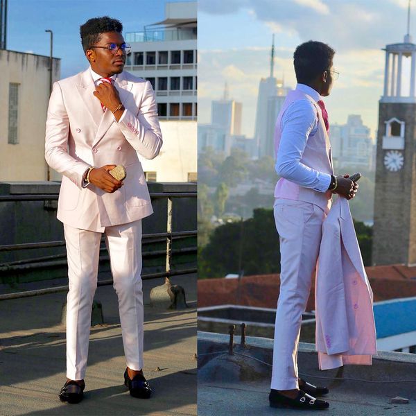 

blush pink men wedding tuxedos double breasted pants suits handsome groom prom party formal outfit 3 pieces, Black;gray