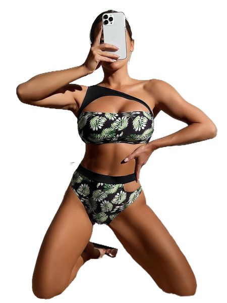 

tropical print cut-out bikini swimsuit f7vo#, White;black