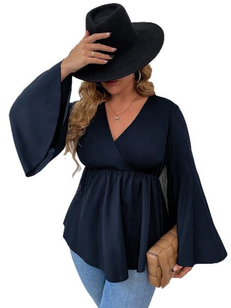 

plus trumpet sleeve overlap collar peplum hem blouse k7ud#, Black