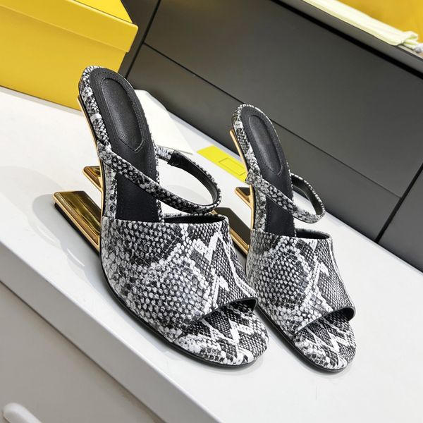 

song yanfei same style slippers f summer new style golden high-heeled sandals mink leather fashion light familiar styl back space luxury lad, Black