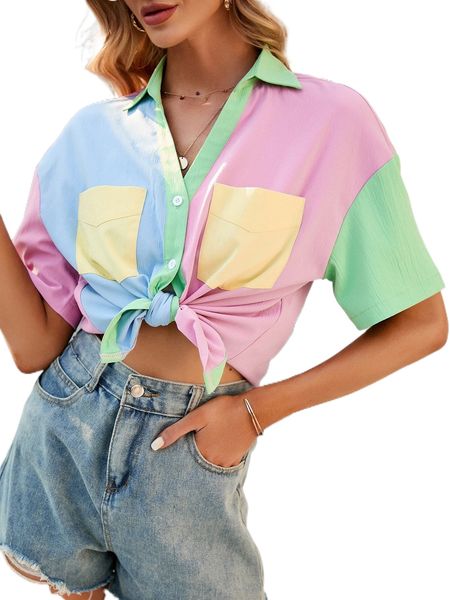 

colorblock drop shoulder flap pocket blouse a0lx#, White