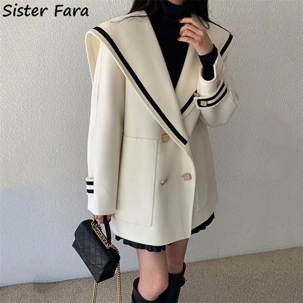 Irmã Fara Outono Marinheiro Collar Blazer Longo Manga Jaqueta Mulheres Dupla Breasted Inverno Engrossado Casaco Quente Casaco Solto Blazers 220402