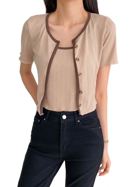 

dazy contrast binding button front jacket & crop p7lx#, White