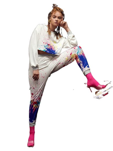 

x noor splash ink print drop shoulder crop hoodie & sweatpants c5ff#, White