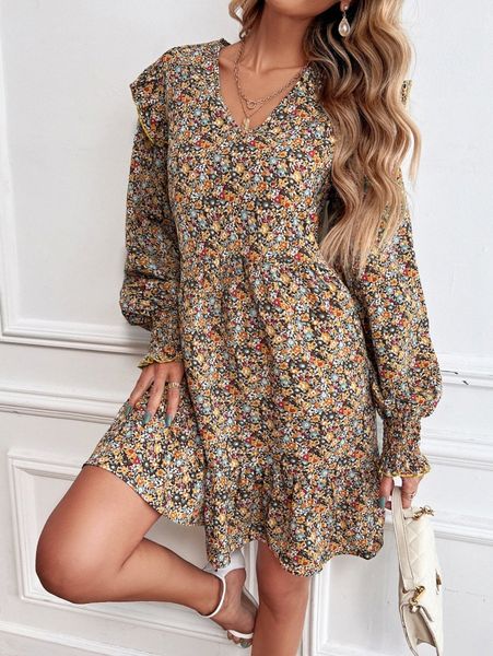 

ditsy floral lantern sleeve ruffle hem smock dress 48pt#, Black;gray