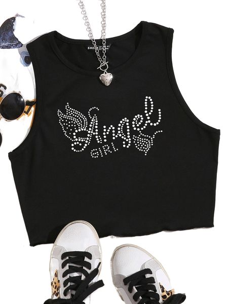 

rhinestone letter pattern tank o8a5#, White