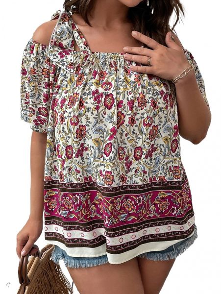 

plus floral print cold shoulder blouse s25n#, Black