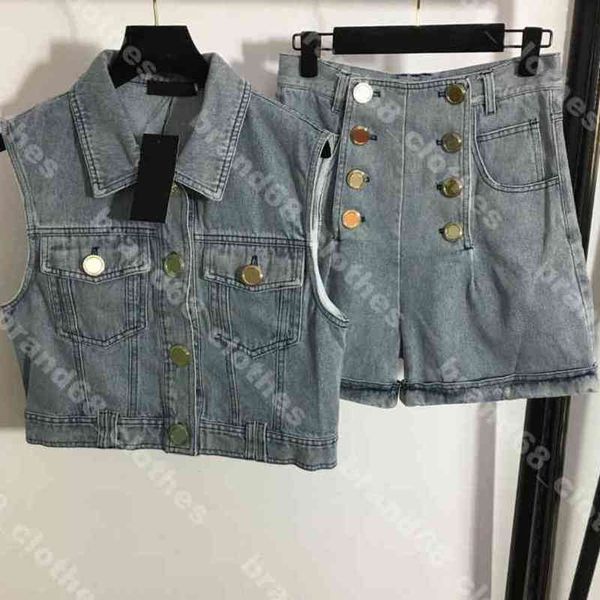 

designer women denim vest jacket two piece vintage high end luxury tracksuits shorts seet metal buttons ba..main brand logo sml female appar, Gray