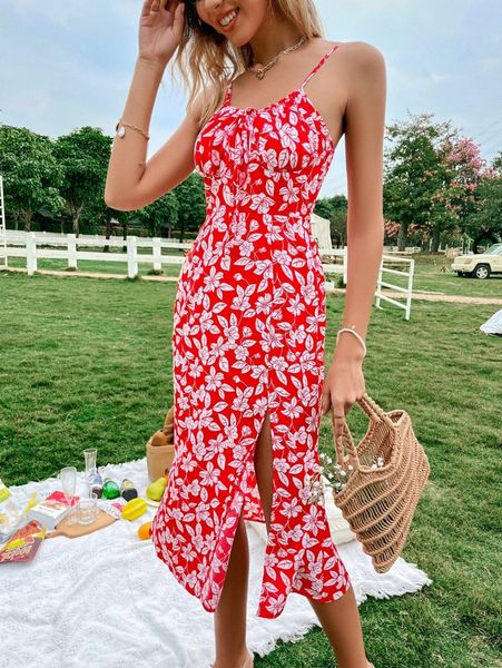 

drawstring front split thigh floral print cami dress r2m9#, Black;gray