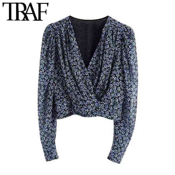 

traf women chic fashion floral print cropped blouses vintage long sleeve back elastic hem female shirts 210730, White
