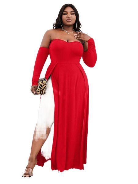 

sxy plus off shoulder split thigh dress j9mo#, Black