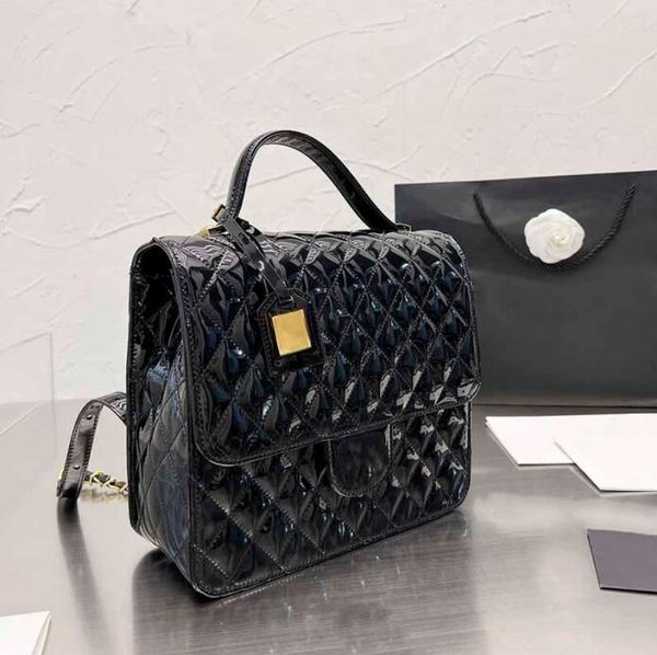 

tz 25cm ladies backpack designer bags black patent leather flap handle handbags brand gold-tone metal chains cover high capacity crossbody t