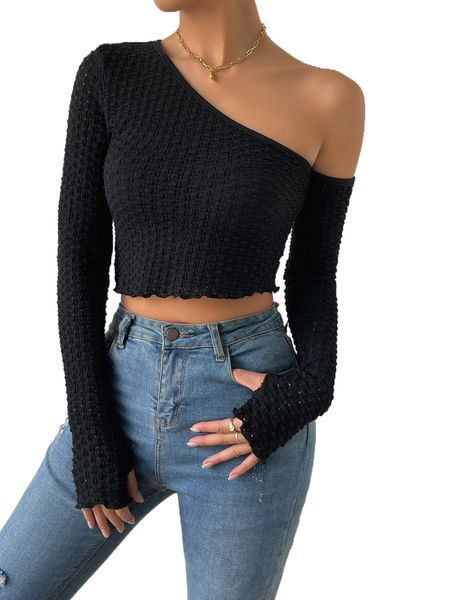 

asymmetrical neck textured thumb hole crop c6aw#, White