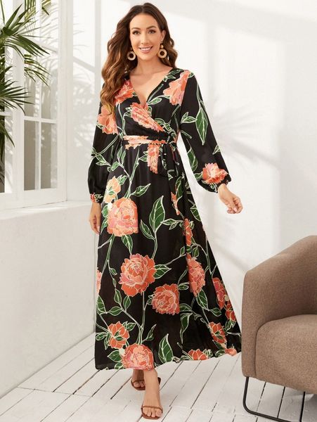 

floral print lantern sleeve surplice neck dress w1bj#, Black;gray